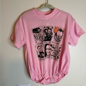 Pink Graphic Romper Tee with Horror Card Design